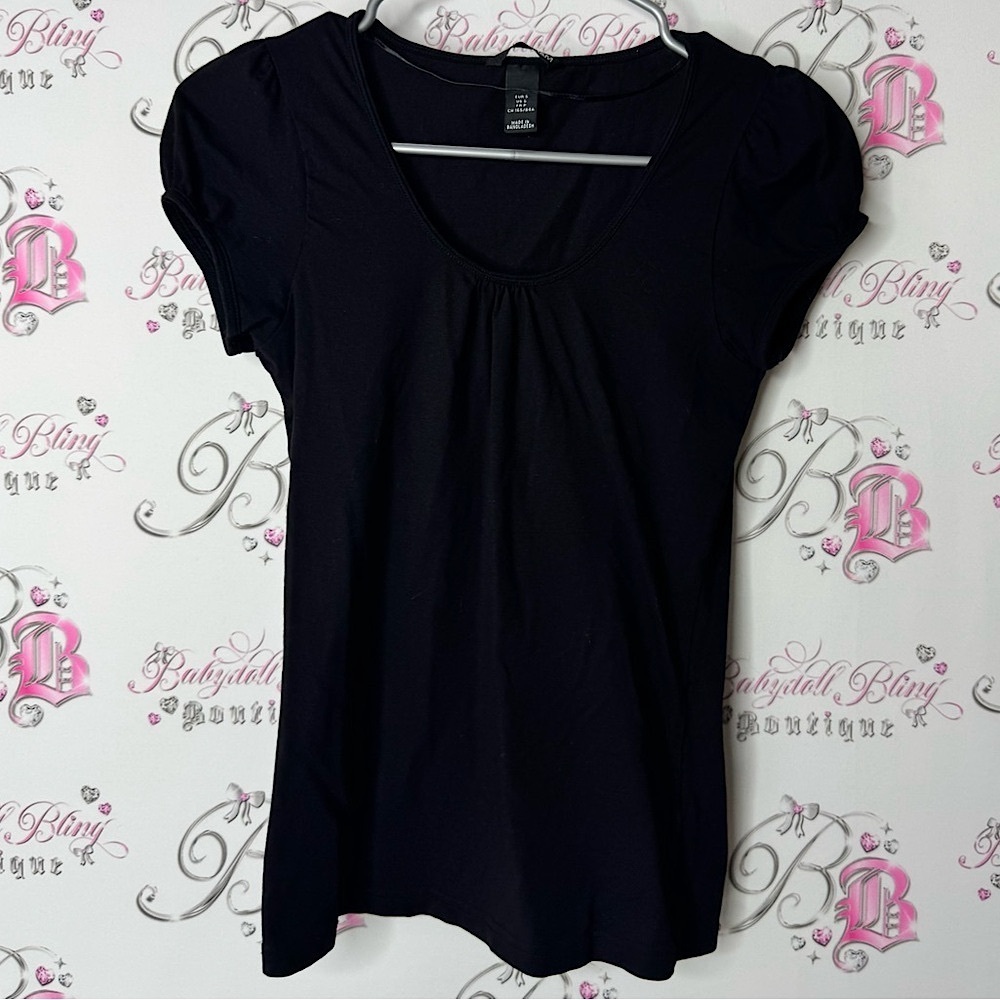 H&M tshirt scoop neck basic comfy stretch Black Fitted Cap Sleeve Blouse puff